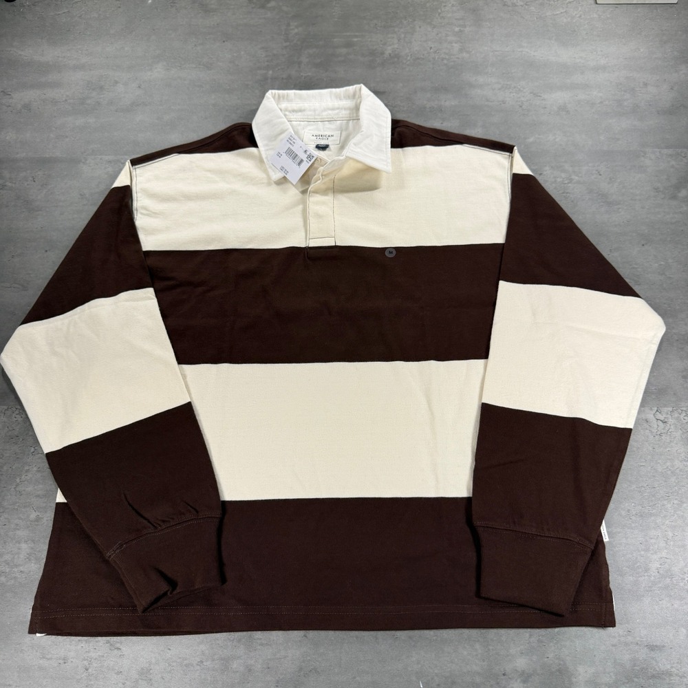 American Eagle Polo Rugby Shirt Mens M Super Soft Brown Cream Striped NEW Prep
